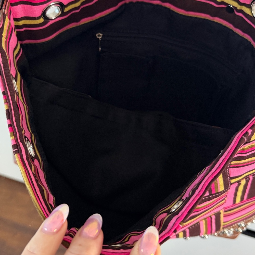Pink Striped Vegan Leather Studded Bag Rhinestone Glam |Statement Purse Like New - Picture 12 of 17